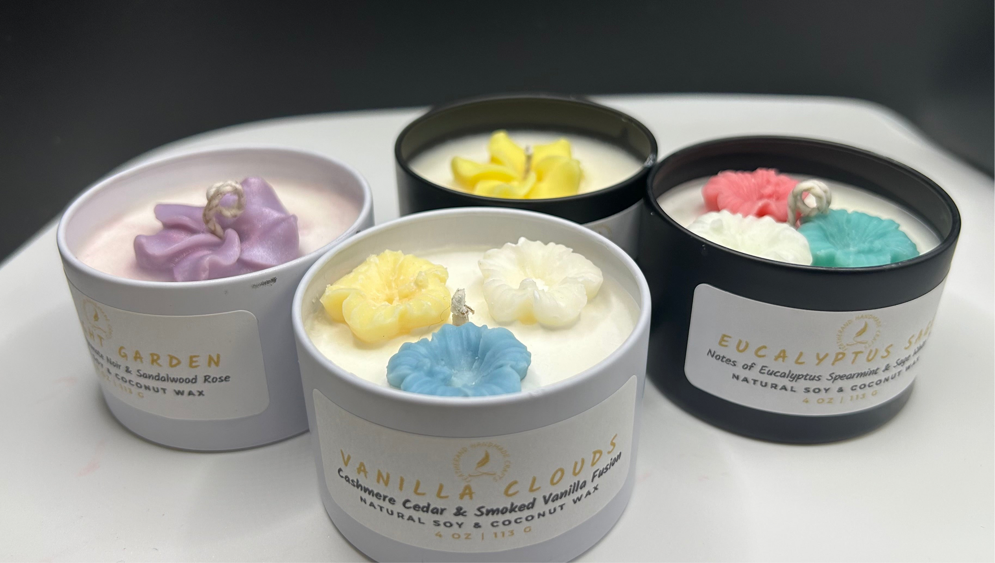 Mini Featherand Signature Candle 4 oz · Hand-Poured · Floral Accent