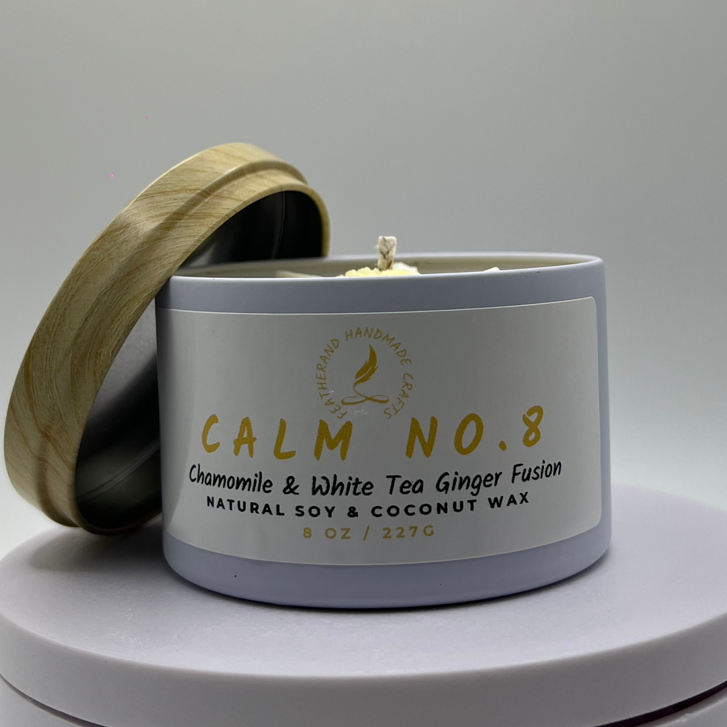 Calm No. 8 Candle – Chamomile, White Tea & Ginger 8oz Natural Soy-Coconut Wax | Yellow Base with Daisy Accent