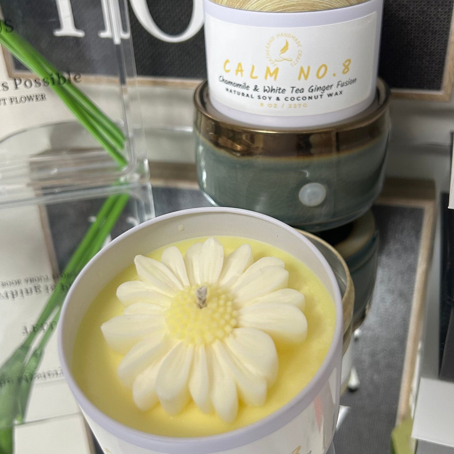 Calm No. 8 Candle – Chamomile, White Tea & Ginger 8oz  Natural Soy-Coconut Wax | Yellow Base with Daisy Accent
