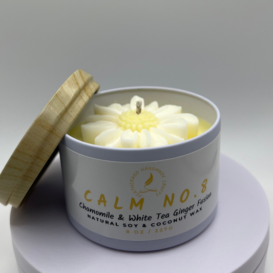 Calm No. 8 Candle – Chamomile, White Tea & Ginger 8oz  Natural Soy-Coconut Wax | Yellow Base with Daisy Accent