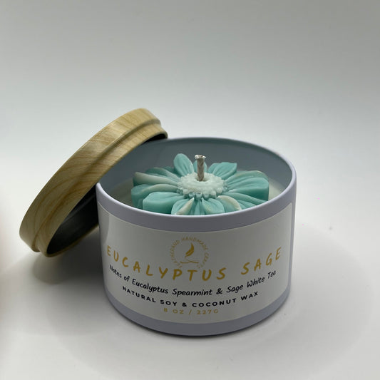 Eucalyptus Sage Candle – Eucalyptus, Spearmint & White Tea 8 oz | Natural Soy-Coconut Wax | Teal Daisy Accent